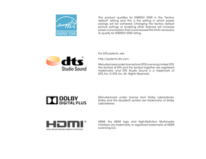 Page 2This product qualifies for ENERGY STAR in the “factory 
default” setting and this is the setting in which power 
savings will be achieved. Changing the factory default 
picture settings or enabling other features will increase 
power consumption that could exceed the limits necessary 
to qualify for ENERGY STAR rating.
Manufactured under license from Dolby Laboratories. 
Dolby and the double-D symbol are trademarks of Dolby 
Laboratories.
HDMI, the HDMI logo and High-Definition Multimedia 
Interface are...