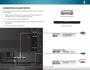 Page 193
13
CONNECTING AN AUDIO DEVICE
Home Audio Receiver
VIZIO Sound Bar
Your TV can output sound to an audio device, such as a receiver 
or sound bar. 
1 . 
Verify that your device has an audio port that matches an 
available port on the TV (Optical, RCA, etc).
2 .  Turn the TV and your audio device off.
3 .  Connect the appropriate cable (not included) to the TV and 
the device.
4 .  Turn the TV and your device on.
BETTER
OPTICAL/SPDIF CABLE• PCM STREAM • DOLBY DIGITAL 5.1 CHANNEL
BEST
HDMI CABLE• ARC 2-WAY...