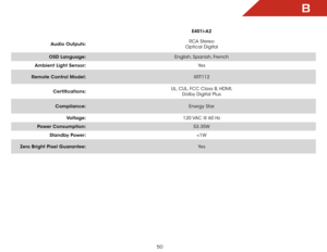 Page 56B
50
E401i-A2
Audio Outputs: RCA Stereo
Optical Digital
OSD Language: English, Spanish, French
Ambient Light Sensor: Ye s
Remote Control Model: XRT112
Certifications: UL, CUL, FCC Class B, HDMI, 
 
Dolby Digital Plus
Compliance: Energy Star
Voltage: 120 VAC @ 60 Hz
Power Consumption: 53.35W
Standby Power: 