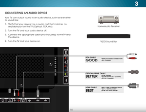 Page 213
15
CONNECTING AN AUDIO DEVICE
Home Audio Receiver
VIZIO Sound Bar
Your TV can output sound to an audio device, such as a receiver 
or sound bar. 
1 . 
Verify that your device has a audio port that matches an 
available port on the TV (Optical, RCA, etc).
2 .  Turn the TV and your audio device off.
3 .  Connect the appropriate cable (not included) to the TV and 
the device.
4 .  Turn the TV and your device on.
BEST
HDMI CABLE• ARC 2-WAY COMMUNICATION • 2.0-5.1 DIGITAL AUDIO • PCM, DTS, DOLY DIGITAL...