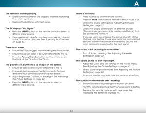 Page 67A
61
The remote is not responding.• Make sure the batteries are properly inserted matching 
the - and + symbols.
•  Replace the batteries with fresh ones.
The TV displays “No Signal.” • Press the INPUT button on the remote control to select a 
different input source.
•  If you are using cable TV or antenna connected directly 
to the TV, scan for channels. See 
Scanning for Channels 
on page 37
.  
There is no power. • Ensure the TV is plugged into a working electrical outlet.
•  Ensure the power cable is...