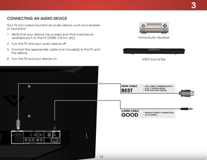 Page 193
13
ConneCting An AuDio DeviCe
Home Audio Receiver
VIZIO Sound Bar
Your TV can output sound to an audio device, such as a receiver 
or sound bar. 
1 . 
Verify that your device has a video port that matches an 
available port on the TV (HDMI, 3.5mm, etc).
2 .  Turn the TV and your audio device off.
3 .  Connect the appropriate cable (not included) to the TV and 
the device.
4 .  Turn the TV and your device on.
GOOD
3.5MM CABLE• ANALOG STEREO CONNECTION • 2.0 CHANNEL
BEST
HDMI CABLE• CFC 2-WAY...