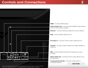 Page 122
6
Controls and Connections
Ethernet - Connect ethernet cable from home network.
Coaxial - Connect coaxial cable from cable, satellite, or 
antenna. Optical Audio Out - Connect optical/SPDIF audio device, 
such as home audio receiver.
Stereo Audio Out - Connect 3.5mm audio device, such 
as sound bar.
Component/Compsite - Connect component or 
composite device. USB - Connect USB thumb drive to play photo, music, 
or video.
HDMI - Connect HDMI device.
REAR PAnEl
RGB - Connect VGA cable from PC.
PC Audio...