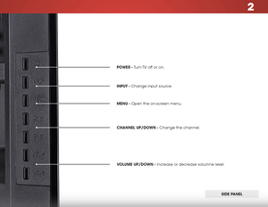 Page 122
6
POWeR - Turn TV off or on.
SIDe PAnel
InPUT - Change input source.
MenU - Open the on-screen menu.
CHAnnel UP/DOWn - Change the channel.
VOlUMe UP/DOWn - Increase or decrease volumne level.    