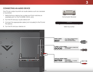 Page 183
12
ConneCting An AuDio DeviCe
Home Audio Receiver
VIZIO Sound Bar
Your TV can output sound to an audio device, such as a receiver 
or sound bar. 
1 . 
Verify that your device has a video port that matches an 
available port on the TV (HDMI, 3.5mm, etc).
2 .  Turn the TV and your audio device off.
3 .  Connect the appropriate cable (not included) to the TV and 
the device.
4 .  Turn the TV and your device on.
AU D IO O UT
HDM I U
SB
2
L
R
O
PTIC A L
1(A RC)
H DM I C
O M PO N EN T(B ET TER ) D
TV /TV
C A...