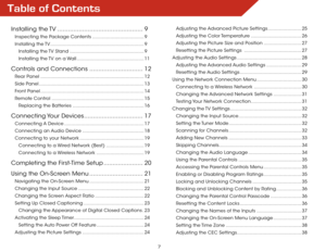 Page 7Table of Contents
7
Installing  the TV ................................................9
Inspecting the Package Contents .....................................9
Installing  the TV ...................................................................9
Installing the TV Stand .....................................................9
Installing the TV on a Wall ................................................11
Controls and Connections ..............................12
Rear Panel...