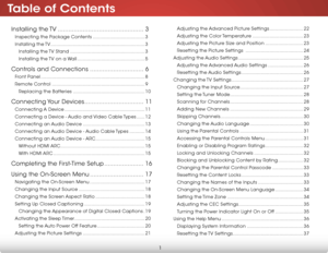 Page 7Table of Contents
1
Installing  the TV ................................................3
Inspecting the Package Contents ..................................... 3
Installing  the TV  ................................................................... 3
Installing the TV Stand ..................................................... 3
Installing the TV on a Wall ................................................ 5
Controls and Connections ..............................6
Front Panel...