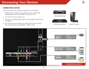 Page 163
10
Connecting Your Devices
ConneCting A DeviCe
CONNECTING A DEVICE
BetteR
CoMPonent CABLe• AnALog 
• HD viDeo (1080i)* 
• SteReo AUDio
* Maximum Resolution
gooD
Av CABLe• AnALog 
• viDeo (480i)* 
• SteReo AUDio
Game Console
Cable/Satellite Box
DVD/Blu-ray Player
Your TV can be used to display output from most devices. 
1 . 
Verify that your device has a video port that matches an 
available port on the TV (HDMI, Component, etc).
2 .  Turn the TV and your device off.
3 .  Connect the appropriate cable...