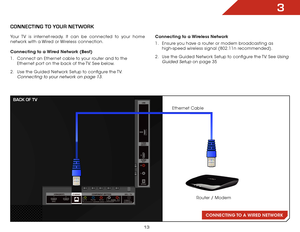 Page 193
13
CONNECTING TO A WIRED  NETWORK
ConneCting to YoUR netwoRK
Your TV is internet-ready. It can be connected to your home 
network with a Wired or Wireless connection.
Connecting to a Wired Network (Best)
1 . Connect an Ethernet cable to your router and to the 
Ethernet port on the back of the TV. See below.
2 .  Use the Guided Network Setup to configure the TV. 
Connecting to your network on page 13. Connecting to a Wireless Network
1 . 
Ensure you have a router or modem broadcasting as 
high-speed...