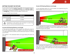 Page 508
44
geTTiNg THe BesT 3D PiCTure
For the best 3D viewing experience, VIZIO recommends that you 
install the TV with the viewing distance and viewing angle in 
mind. When viewing 3D content, it is important that you view the 
TV straight-on, or some of the 3D effect may be lost.
For your TV, VIZIO recommends:
E420d-A0
Viewing Range: 5-8 feet
Optimal 
Distance: 6.5 feet
Illustrations in this section are not drawn to scale. They 
are for instructional purposes only.
Incorrect 3D Viewing Distance and Angle...