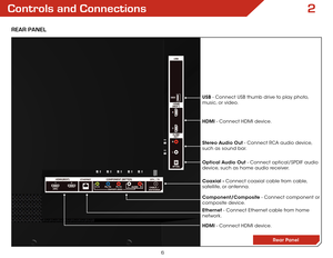Page 122
6
Controls and Connections
ReaR Panel
Rear Panel
Ethernet - Connect Ethernet cable from home 
network. Coaxial - Connect coaxial cable from cable, 
satellite, or antenna. Optical Audio Out - Connect optical/SPDIF audio 
device, such as home audio receiver. Stereo Audio Out - Connect RCA audio device, 
such as sound bar. HDMI - Connect HDMI device.
Component/Composite - Connect component or 
composite device. USB - Connect USB thumb drive to play photo, 
music, or video.
HDMI - Connect HDMI device.  