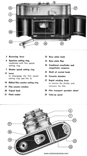 Page 26
7
17
5 Reversing lever
6 Aperture setting ring,combined with f ilm speedsetting ning
Shutter speed setting ring
leverto disengoge the film speedsetting ring (see No.6)
I8 Milled film counler setting ring
t9 Film counler window
20 Tripod bush
21 Flqsh socket
22 Bsse plate lqtch
23 Bqse plote flqp
24 Combined viewfinder qnd
rqngefinder eyepiece
25 Shqft of rewind knob
25 Cqssette chqmber
27 Ropid winding lever
to tension the shutfer CInd
odvonce the film
28 Filrn tronsport sprocket wheel
29 Toke-up spool...