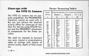 Page 18
Cfose-ups with
. the VITO C[ Ccl merrr
The VITO CL comero hos no cou-pled rqngefinder. The PROXIMETER,therefore, connof be used with it.But you con ochieve the identicolpicture effect for close-ups of lessthon 3rln teet by using FOCAR len-ses ond the PROXIRECT ottochmentto compensqte for the finder po-rollox.
We sholl be pleosed to forwordyou upon request o comprehensivetoble of settings with detqils ofpicfure scoles, depth of field rongeetc.
-14-
Focqr Focusing Tqble
Scole I Distonce between f ront of...