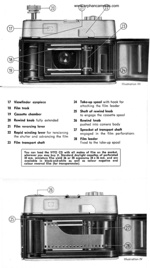 Page 20
17 Viewf inder eyepiece
18 Film trqck
t 9 Cqssette chomber
20 Rewind knob fully extended
21 Film reversing lever
22 Ropid winding lever for tensioningthe shutter ond odvoncing the film
23 Film tronsport shofl
24
25
28 Film leqderfixed to the toke-up spool
Toke-up spool with hook forottoching the film leoder
Shqft of rewind knobto engoge the cossette spool
Rewind knobpushed into comero body
Sprocket of fronsport shqftengoged in the f ilm perforotions
26
27
You con lood the VITO CD with oll mokes of film...