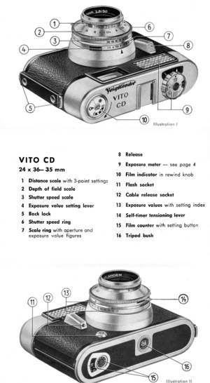Page 3VITO CD
24 x 36- 35 mm
1 Distqnce scqle with 3,point settings
2 Depth of field scqle
3 Shutter speed scqle
4 Exposure vqlue setling lever
5 Bqck lock
6 Shutler speed ring
7 Scqle ring with operture ondexposure vofue figures
8 Releqse
9 Exposure meler - see poge 4
l0 Film indicotor in rewind knob
t I Flqsh sockel
12 Cqble releqse socket
t 3 Exposure vqlues with setting index
14 Self-timer lensioning lever
15 Film counler with setting button
16 Tripod bush 