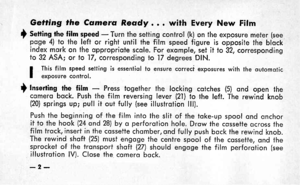 Page 5Getting the Camera Reodf . . . with Every New Film
I Siling the film speed - Turn the setting control (k) on the exposure meter (seepoge 4) to the leff or right until the film speed figure is opposite the blockindex mork on the oppropriote scole. For exomple, sei it to 32, correspondingto 32 ASA; or lo 17, corresponding to 17 degrees DlN.
I This film speed setting is essentiol lo ensure correci exposures with the outomoticI exposure conlrol.
I tnserting the film - Press together the locking cotches (5)...