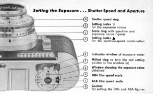 Page 7Seffing the Exposure o o i Shutter Speed qnd Aperture
Shutter speed ring
Setting index Ifor the exposure voluesScole ring with operture ondexposure volue figuresSetting index Ifor the operture-speed combinotion
Indicotor windovr of exposure meter
Milled ring to turn the red settingpointer in the window (e)Window showing the exposirre volueobtqined
DIN filnn speed scole
ASA film speed scqle
Controlfor setfing the DIN qnd ASA figures 