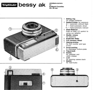 Page 3@bessy ak
miniature-cameraforKodapak-Cassettes28x28mm
4
5t)7
8
910
Setting ringfor subject distanceSymbol-Pointer for exposureA : automatic without flash| : tlash-automatic directr. : flash-automatic indirectFlash-ReflectorPush on flash ( f ) symbol toswing out reflectorShutter releasefor exposureBright-line finderFilm Advance WheelViewing-windowfor film counter and typeof filmArrow-markingto disengage bottom-plateTripod-bushSocketfor selftimer andcable releaseLockfor opening camera backEjectorfor...