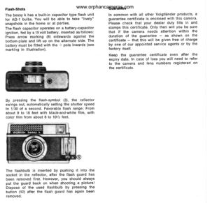 Page 6
Flash-Shots
The bessy k has a built-in capacitor type flash unit
for AG-1 bulbs. You will be able to take lively
snapshots in the home or at parties.
The flash capacitor operates on a battery-capacitorignition, fed by al5voltbattery, inserted asfollows:Press arrow marking (8) sidewards against thebottom-plate and lift up on the alternate side. Thebattery must be fitted with the * pole inwards (see
marking in illustration).
By pressing the flash-symbol (3), the reflectorswings out, automatically setting...