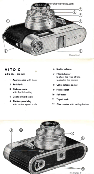 Page 3
vtTo c a24 x36 - 35 mm
, I Aperture ring wiih lever
2 Bqck lock
3 Dislqnce scqle
with 3-point setting
4 Depth of field scqle
5 Shutter speed ring
with shuiter speed scole
6 Shutler releqse
7 Film indicqtor
to show the type of film
looded in the comero
8 Coble releqse socket
9 Flosh sockel
l0 Self-timer
ll Tripod bush
12 Film counter wiih setting button
www.orphancameras.com  