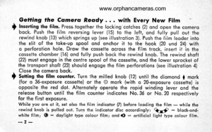 Page 6
Gel*ing the Camers Reody . o . wirh Every New Film
I Inserting lhe film. Press.together the lockingcotches (2i ond open the comero bqck. Push the f ilm reversing lever (.|5) to the left, ond f u lly pu ll out therewind knob (.|3) which springs up (see illustrotion 3). Push the film leoder intothe slit of the toke-up spool qnd qnchor it to the hook (20 und 24) witho perforotion hole. Drow ihe cossette qcross the film trock, insert it in thecossefte chomber (15) ond fully push bock the rewind knob. The...