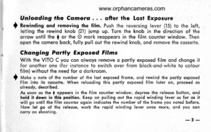 Page 7
I
Unlosding the Camersqfter the lqst Exposure
Rewinding qnd removing fte film. Push the reversing lever (.|5) to the left,f etting the rewind knob (21) iump up. Turn the knob in the direction of theorrow until the I or the O mork reoppeqrs in the film counter window. Thenopen the comero bock, fully pull ouf the rewind knob, ond remove the cossette.
Changing Partly Exposed Films
With the VITO C you con olwoys remove o portly exposed film ond chonge itfor onofher one (for instonce to switch over from...