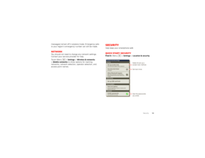 Page 5553
Security
messages) remain off in airplane mode. Emergency calls 
to your regions emergency number can still be made.NetworkYou should not need to change any network settings. 
Contact your service provider for help.
Touch Menu  >
Settings
 >Wireless & networks
 
>
Mobile networks
 to show options for roaming 
networks, network selection, operator selection, and 
access point names.
Securityhelp keep your smartphone safeQuick start: SecurityFind it:  Menu  >
Settings
 >Location & security
SIM card...