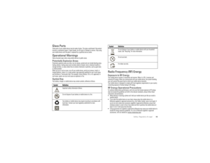 Page 6159
Safety, Regulatory & Legal
Glass PartsSome parts of your mobile device may be made of glass. This glass could break if the product 
receives a substantial impact. If glass breaks, do not touch or attempt to remove. Stop using 
your mobile device until the glass is replaced by a qualified service center.Operational WarningsObey all posted signs when using mobile devices in public areas.Potentially Explosive AreasPotentially explosive areas are often, but not always, posted and can include blasting...