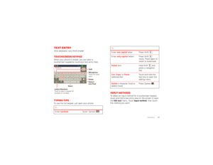 Page 1917
Text entry
Text entrythink keyboard, now think smallerTouchscreen keypadWhen your phone is closed, you can open a  touchscreen keypad by touching a text entry field.Typing tipsTo use the full keypad, just open your phone: To . . .Enter  
symbols
Touch  Symbol .
as 
zxc v bnm 
df g h j k l 
we r t yu i op
?123
Done
.
qTornado al
8:52x
1
2
3
Delete Return/ L ine Feed
Spac
e 
Letters/Num 
bers 
Touch to open a keypad for sy mbols or nu
mbers. 
Sh iftMicrophone 
Touch for voiceinput.
1:3512:4512:452:02...
