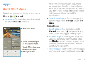 Page 1513
Apps
Appsget the app you wantQuick Start
: Apps
Download games, tools, apps, and more! Find it:  
 > 
Market
. 
• New apps:
 To read about or download  
an app in  
Market
, touch it.
GamesFinance
Google GogglesGoogle Inc. 
Free
Google MapsGoogle Inc. 
Free
Google Pinyin IME
Free
GG
Market
Books
see more see moresee more see more
Apps Movies
Google Inc.
Google Inc.GoogleInc.
GoGoGoGoGoGoGoogogogogogogogleleleleleleleIIIIIIIncncncncncncnc...
My Apps Accounts 
Settings Help...