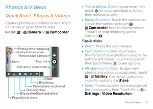 Page 3533
Photos & Videos
Photos & Videossee it, capture it, share it!Quick Start
: Photos & Videos
Capture photos and videos to send them  to friends or save them for later. Find it:  
 > 
Camera
 or 
Camcorder
700
Last photo or video Front or back camera 
Capture 
Camera or camcorder Photos/time remaining 
Zoom
Flash 
Brightness 
Panorama or multi-shot 
Scene lighting 
Effects (like black and white) 
Resolution & more
•Ta k e  a  p h o t o :
 Open the camera, then  
touch   (or touch and hold to focus,  then...