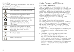 Page 7068Symbol KeyYour battery, charger, or mobile device may contain  symbols, defined as follows: Symbol Definition 
Important safety information follows. Do not dispose of your battery or  mobile device in a fire. Your battery or mobile device may  require recycling in accordance with  local laws. Contact your local  regulatory authorities for more information. Do not dispose of your battery or  mobile device with your household waste. See “Recycling” for more  information. Do not use tools. For  i n doo r...