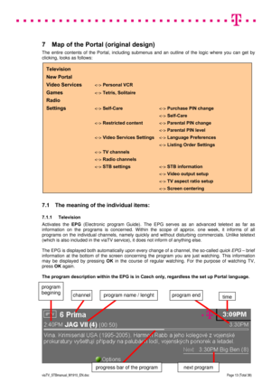 Page 13 
 
 
 
  
viaTV_STBmanual_M1910_EN.doc Page 13 (Total 38) 
 
7  Map of the Portal (original design) 
The entire contents of the Portal, including submenus and an outline of the logic where you can get by 
clicking, looks as follows:  
 
 
 
 
 
 
 
 
 
 
 
 
 
 
 
 
 
 
 
 
7.1  The meaning of the individual items:  
7.1.1 Television  
Activates the EPG (Electronic program Guide). The EPG serves as an advanced teletext as far as 
information on the programs is concerned. Within the scope of approx. one...