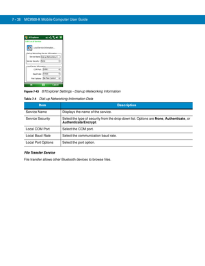 Page 1587 - 38 MC9500-K Mobile Computer User Guide
Figure 7-43    BTExplorer Settings - Dial-up Networking Information
File Transfer Service
File transfer allows other Bluetooth devices to browse files.
Table 7-4    Dial-up Networking Information Data
ItemDescription
Service Name Displays the name of the service.
Service Security Select the type of security from the drop-down list. Options are None, Authenticate, or 
Authenticate/Encrypt.
Local COM Port Select the COM port.
Local Baud Rate Select the...