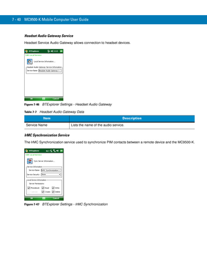 Page 1607 - 40 MC9500-K Mobile Computer User Guide
Headset Audio Gateway Service
Headset Service Audio Gateway allows connection to headset devices.
Figure 7-46    BTExplorer Settings - Headset Audio Gateway
IrMC Synchronization Service
The IrMC Synchronization service used to synchronize PIM contacts between a remote device and the MC9500-K.
Figure 7-47    BTExplorer Settings - IrMC Synchronization
Table 7-7    Headset Audio Gateway Data
ItemDescription
Service Name Lists the name of the audio service. 