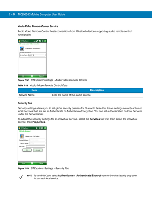 Page 1647 - 44 MC9500-K Mobile Computer User Guide
Audio Video Remote Control Service
Audio Video Remote Control hosts connections from Bluetooth devices supporting audio remote-control 
functionality.
Figure 7-52    BTExplorer Settings - Audio Video Remote Control
Security Tab
Security settings allows you to set global security policies for Bluetooth. Note that these settings are only active on 
local Services that are set to Authenticate or Authenticate/Encryption. You can set authentication on local Services...