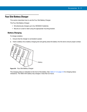 Page 181Accessories 8 - 11
Four Slot Battery Charger
This section describes how to use the Four Slot Battery Charger.
The Four Slot Battery Charger:
Simultaneously charges up to four MC9500-K batteries.
Mounts on a wall or desk using the appropriate mounting bracket.
Battery Charging
To charge a battery:
1.Ensure that the charger is connected to power.
2.Insert a battery into a battery charging slot and gently press the battery into the slot to ensure proper contact.
Figure 8-8    Four Slot Battery Charger
The...