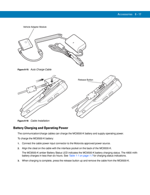 Page 187Accessories 8 - 17
Figure 8-15    Auto Charge Cable
Figure 8-16    Cable Installation
Battery Charging and Operating Power
The communication/charge cables can charge the MC9500-K battery and supply operating power.
To charge the MC9500-K battery:
1.Connect the cable power input connector to the Motorola approved power source.
2.Align the cleat on the cable with the interface pocket on the back of the MC9500-K.
The MC9500-K amber Battery Status LED indicates the MC9500-K battery charging status. The 4800...