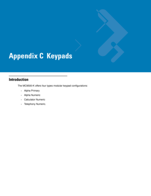 Page 219Appendix C  Keypads
Introduction
The MC9500-K offers four types modular keypad configurations:
•Alpha Primary
•Alpha Numeric
•Calculator Numeric
•Telephony Numeric. 