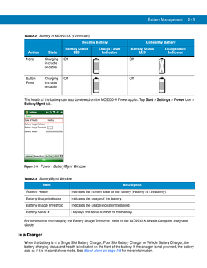 Page 35Battery Management 2 - 5
The health of the battery can also be viewed on the MC9500-K Power applet. Tap Start > Settings > Power icon > 
BatteryMgmt tab.
Figure 2-5    Power - BatteryMgmt Window
For information on changing the Battery Usage Threshold, refer to the MC9500-K Mobile Computer Integrator 
Guide.
In a Charger
When the battery is in a Single Slot Battery Charger, Four Slot Battery Charger or Vehicle Battery Charger, the 
battery charging status and health is indicated on the front of the...