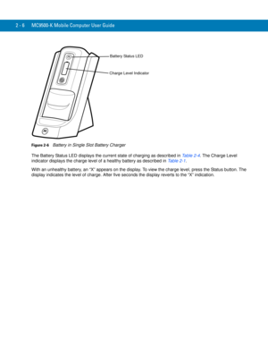Page 362 - 6 MC9500-K Mobile Computer User Guide
Figure 2-6    Battery in Single Slot Battery Charger
The Battery Status LED displays the current state of charging as described in Table 2-4. The Charge Level 
indicator displays the charge level of a healthy battery as described in Table 2-1. 
With an unhealthy battery, an “X” appears on the display. To view the charge level, press the Status button. The 
display indicates the level of charge. After five seconds the display reverts to the “X” indication....