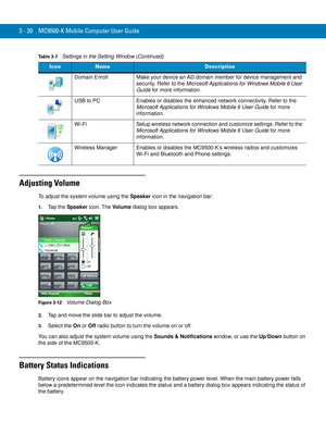 Page 663 - 20 MC9500-K Mobile Computer User Guide
Adjusting Volume
To adjust the system volume using the Speaker icon in the navigation bar:
1.Tap the Speaker icon. The Vo l u m e dialog box appears.
Figure 3-12    Volume Dialog Box
2.Tap and move the slide bar to adjust the volume.
3.Select the On or Off radio button to turn the volume on or off.
You can also adjust the system volume using the Sounds & Notifications window, or use the Up/Down button on 
the side of the MC9500-K.
Battery Status Indications...