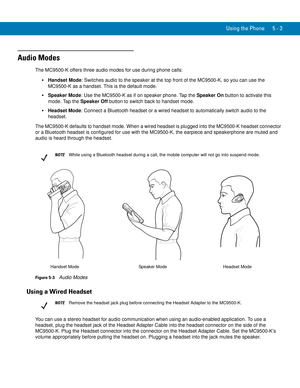 Page 87Using the Phone 5 - 3
Audio Modes
The MC9500-K offers three audio modes for use during phone calls:
Handset Mode: Switches audio to the speaker at the top front of the MC9500-K, so you can use the 
MC9500-K as a handset. This is the default mode.
Speaker Mode: Use the MC9500-K as if on speaker phone. Tap the Speaker On button to activate this 
mode. Tap the Speaker Off button to switch back to handset mode.
Headset Mode: Connect a Bluetooth headset or a wired headset to automatically switch audio to the...