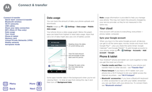 Page 51Connect & transferData usage
You can track the amount of data your phone uploads and 
downloads.
Find it: swipe up 
 >  Settings > Data usage > Mobile 
data usage
Your phone shows a data usage graph. Below the graph, 
apps are listed from highest to least data usage. Apps that 
use a lot of data might also use a lot of battery power.
Wi-Fi data usage
29 Oct - 26 No v
77.22 MB used
100%
50%
0%
20.75 MB 9.13 MB
26 No v
29 Oct
Carrier data accounting may diff er from device 
accounting
Google Play Stor e...
