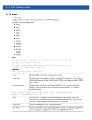 Page 105223 - 16 WiNG CLI Reference Guide
23.1.9 wmm
wlan-qos-policy
Configures 802.11e/wireless multimedia parameters for this WLAN QoS policy
Supported in the following platforms:
 AP300
 AP621
 AP650
 AP6511
 AP6521
 AP6532
 AP71XX
 RFS4000
 RFS6000
 RFS7000
 NX9000
 NX9500
Syntax
wmm [background|best-effort|power-save|qbss-load-element|video|voice]
wmm [power-save|qbss-load-element]
wmm [background|best-effort|video|voice] [aifsn |cw-max |
cw-min |txop-limit ]
Parameters
• wmm [power-save|qbss-load-element]...