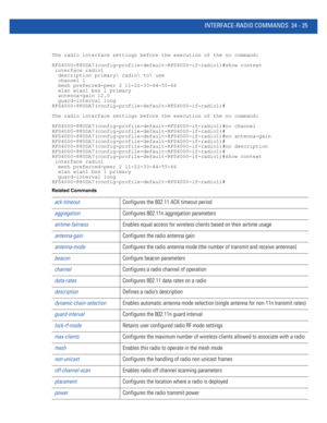 Page 1079INTERFACE-RADIO COMMANDS 24 - 25
The radio interface settings before the execution of the no command:
RFS4000-880DA7(config-profile-default-RFS4000-if-radio1)#show context
 interface radio1
  description primary radio to use
  channel 1
  mesh preferred-peer 2 11-22-33-44-55-66
  wlan wlan1 bss 1 primary
  antenna-gain 12.0
  guard-interval long
RFS4000-880DA7(config-profile-default-RFS4000-if-radio1)#
The radio interface settings before the execution of the no command:...