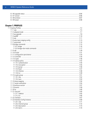 Page 12x WiNG 5 System Reference Guide
6.1.46 upgrade-status  .......................................................................................................................................... 6-84
6.1.47 version ....................................................................................................................................................... 6-86
6.1.48 wireless...