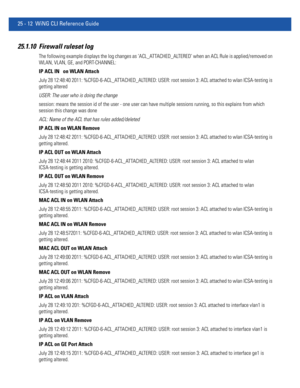 Page 110825 - 12 WiNG CLI Reference Guide
25.1.10 Firewall ruleset log
The following example displays the log changes as ‘ACL_ATTACHED_ALTERED’ when an ACL Rule is applied/removed on 
WLAN, VLAN, GE, and PORT-CHANNEL:
IP ACL IN   on WLAN Attach
July 28 12:48:40 2011: %CFGD-6-ACL_ATTACHED_ALTERED: USER: root session 3: ACL attached to wlan ICSA-testing is 
getting altered
USER: The user who is doing the change
session: means the session id of the user - one user can have multiple sessions running, so this explains...