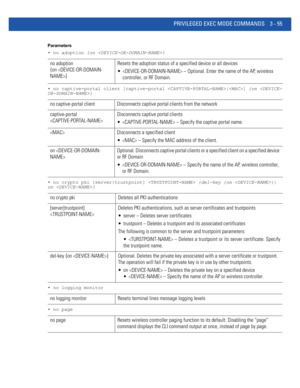 Page 147PRIVILEGED EXEC MODE COMMANDS 3 - 55
Parameters
• no adoption {on }
• no captive-portal client [captive-portal |] {on }
• no crypto pki [server|trustpoint]  {del-key {on }|
on }
• no logging monitor
• no page
no adoption 
{on }Resets the adoption status of a specified device or all devices
  – Optional. Enter the name of the AP, wireless 
controller, or RF Domain.
no captive-portal client Disconnects captive portal clients from the network
captive-portal 
Disconnects captive portal clients
  – Specify...