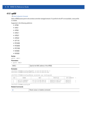 Page 1764 - 10 WiNG CLI Reference Guide
4.1.5 ap650
Global Configuration Commands
Adds a AP650 access point to the wireless controller managed network. If a profile for the AP is not available, a new profile 
is created.
Supported in the following platforms:
 AP300
 AP621
 AP650
 AP6511
 AP6521
 AP6532
 AP71XX
 RFS4000
 RFS6000
 RFS7000
 NX9000
 NX9500
Syntax
ap650 
Parameters
• ap650 
Examples
rfs7000-37FABE(config)#ap650 11-22-33-44-55-66 ?
rfs7000-37FABE(config-device-11-22-33-44-55-66)...